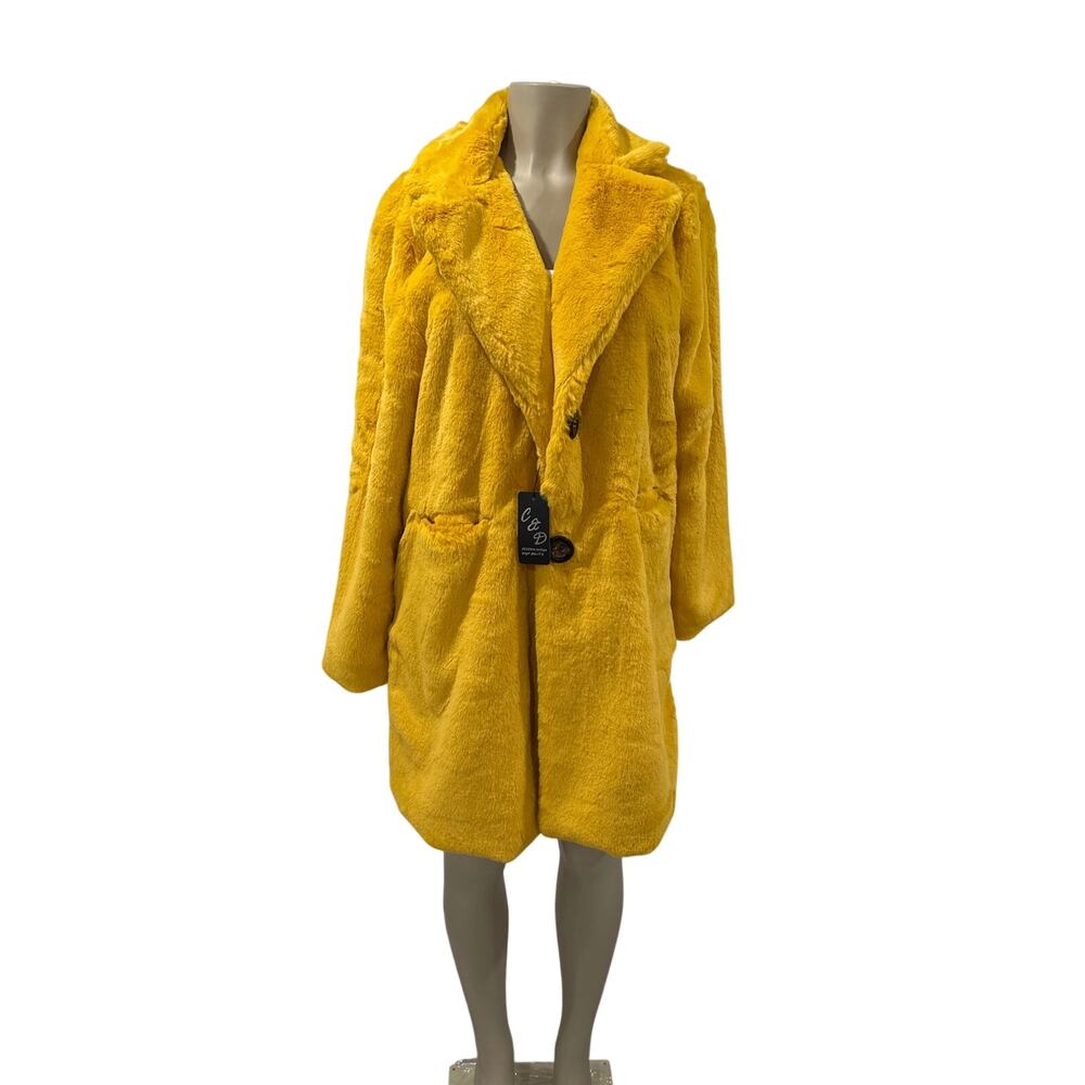 Women's Beautiful Midi Faux Fur Coat Yellow Shawl Collar Long Sleeve